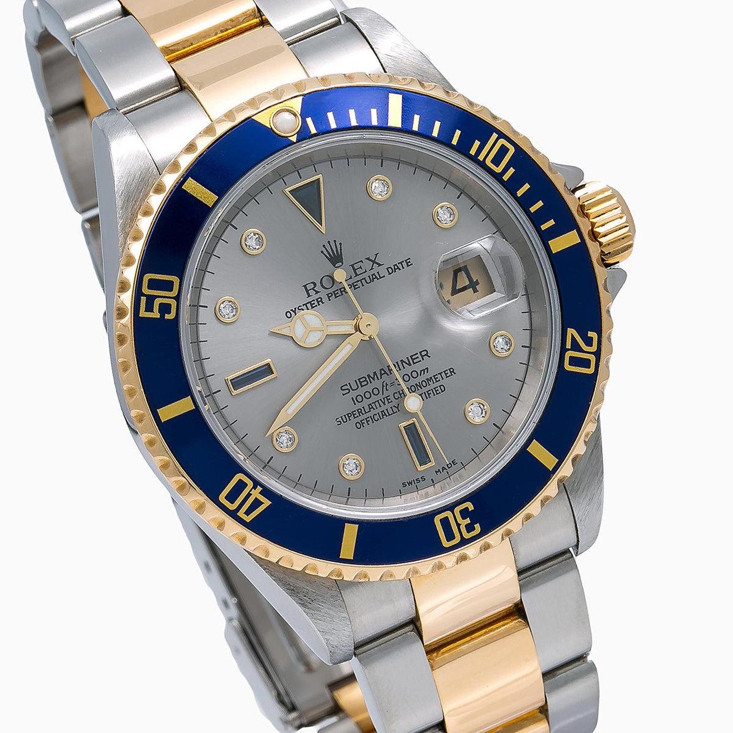 rolex submariner date 40mm 16613 silver diamond dial blue ceramic bezel two tone yellow gold oyster bracelet rolex submariner date 40mm 16613 silver diamond dial blue ceramic bezel two tone yellow gold oyster bracelet
