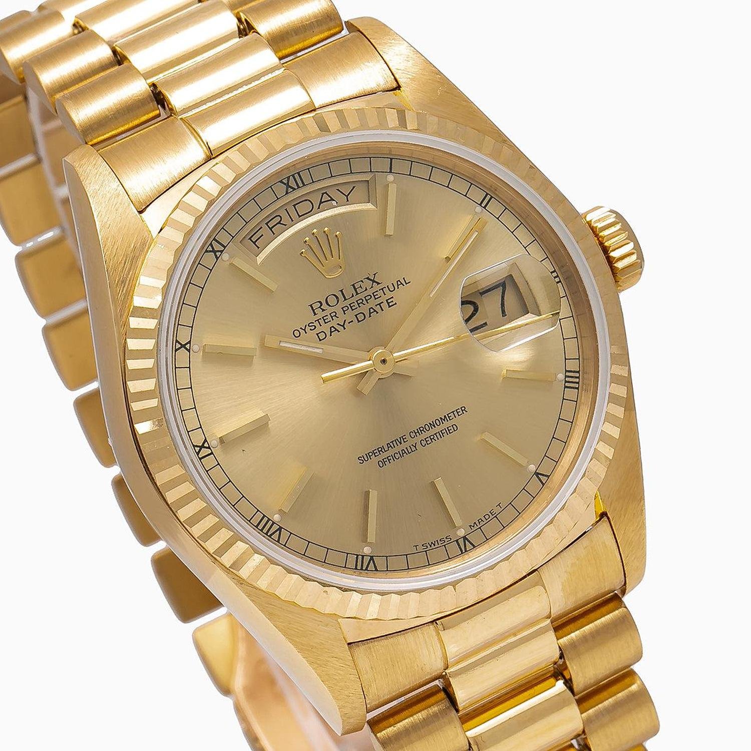 rolex day date 36mm 18038 champagne dial fluted bezel 18k yellow gold president bracelet rolex day date 36mm 18038 champagne dial fluted bezel 18k yellow gold president bracelet