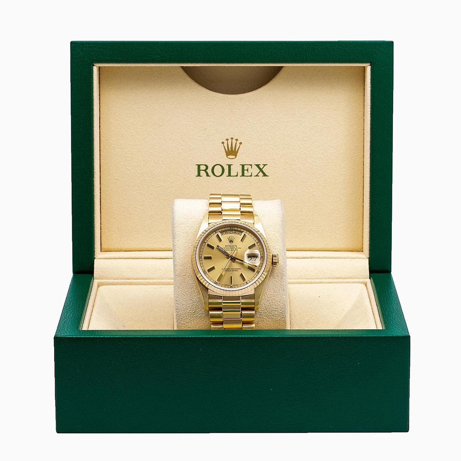 rolex day date 36mm 18038 champagne dial fluted bezel 18k yellow gold president bracelet rolex day date 36mm 18038 champagne dial fluted bezel 18k yellow gold president bracelet