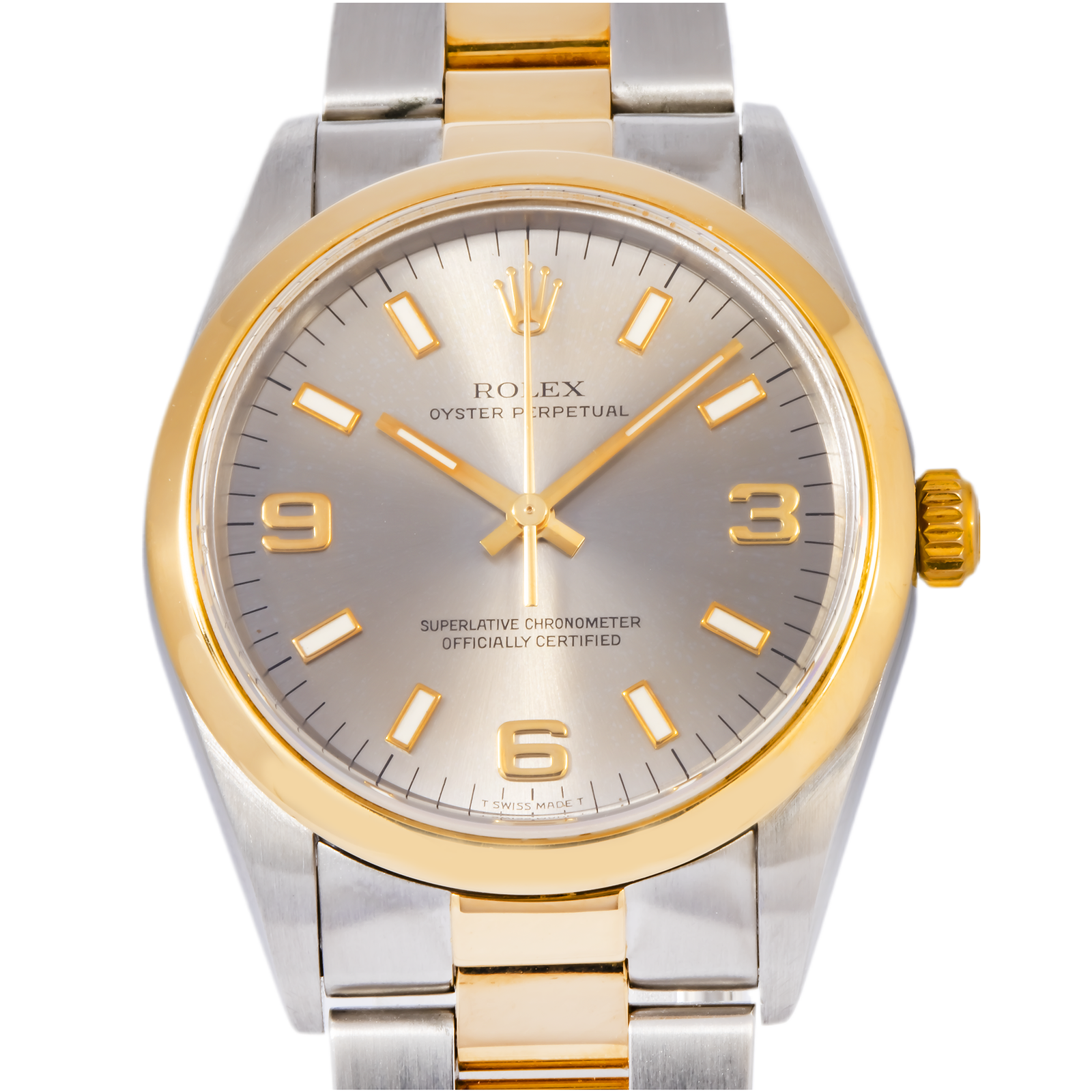rolex oyster perpetual 34mm 14203 silver arabic dial smooth bezel two tone yellow gold oyster bracelet rolex oyster perpetual 34mm 14203 silver arabic dial smooth bezel two tone yellow gold oyster bracelet