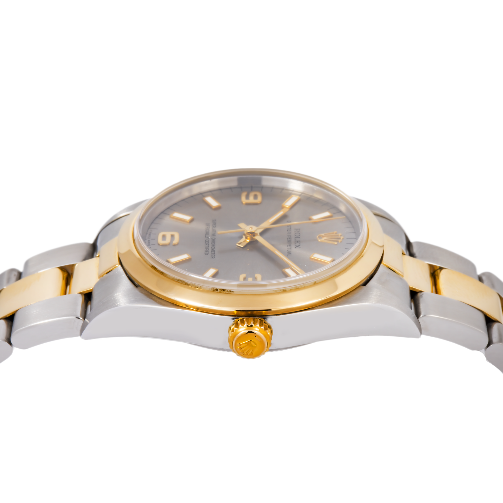 rolex oyster perpetual 34mm 14203 silver arabic dial smooth bezel two tone yellow gold oyster bracelet rolex oyster perpetual 34mm 14203 silver arabic dial smooth bezel two tone yellow gold oyster bracelet