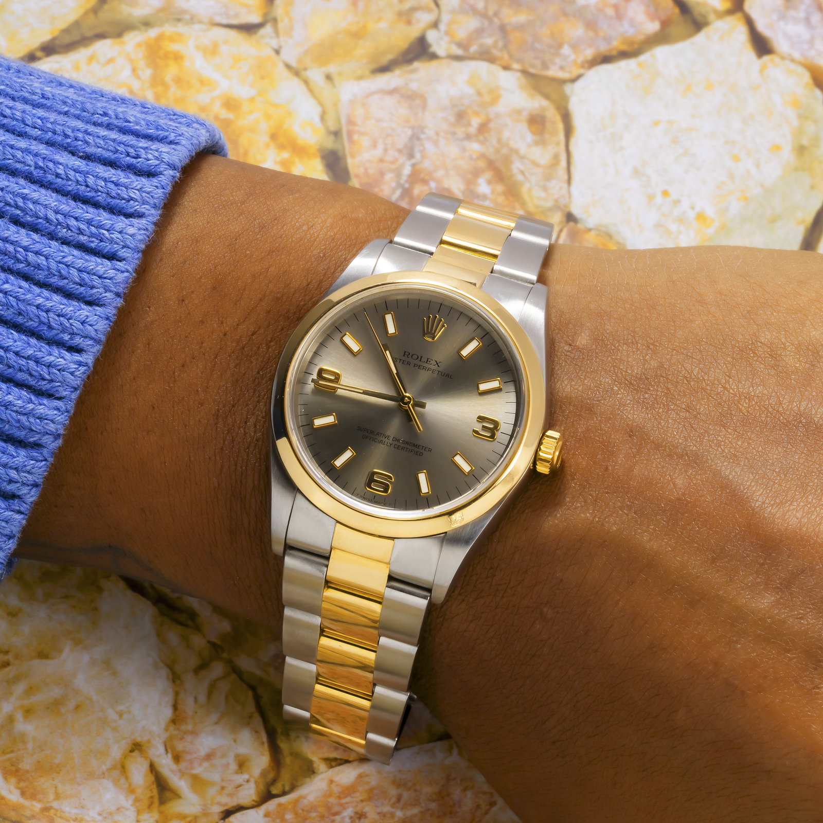 rolex oyster perpetual 34mm 14203 silver arabic dial smooth bezel two tone yellow gold oyster bracelet rolex oyster perpetual 34mm 14203 silver arabic dial smooth bezel two tone yellow gold oyster bracelet