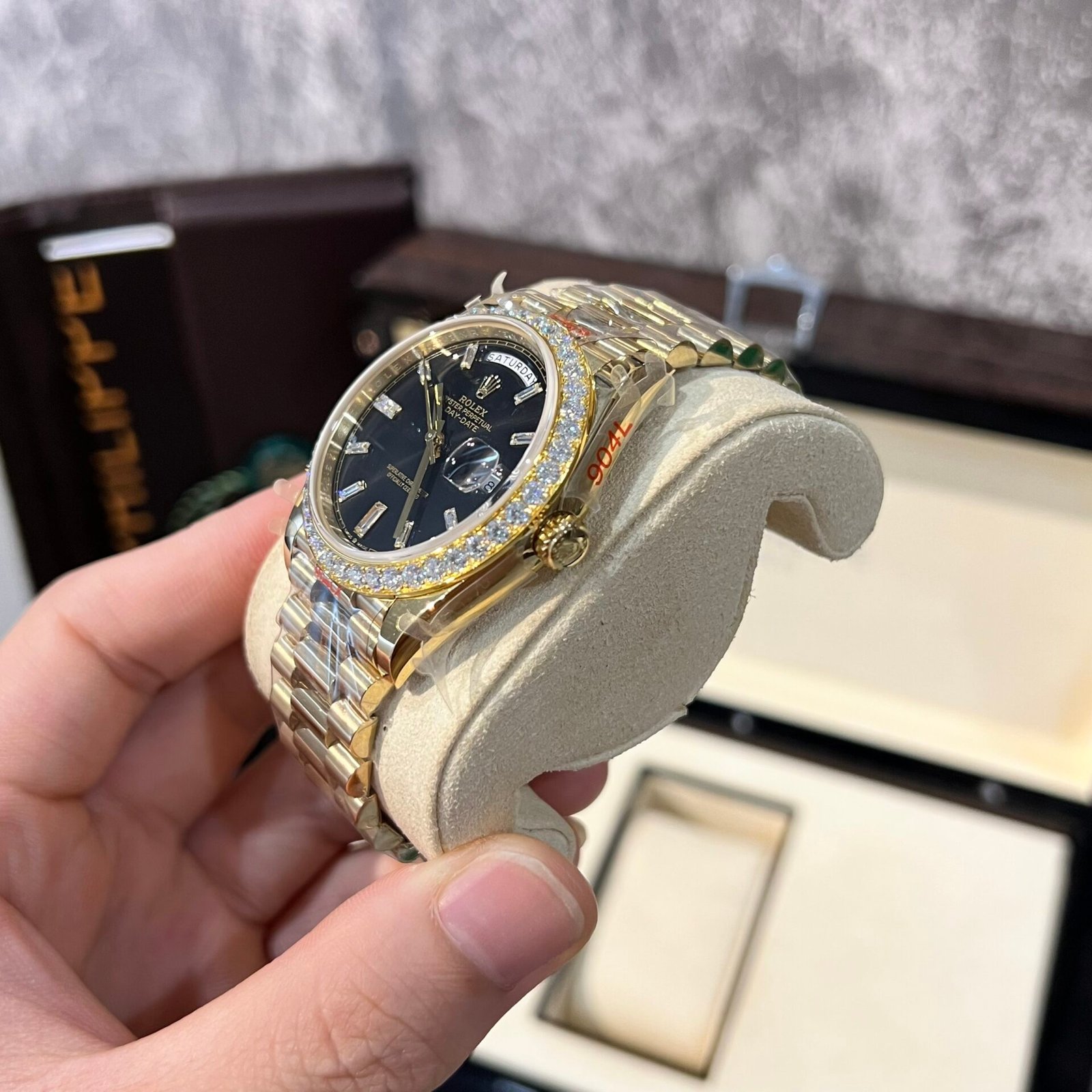 rolex day date 228238 super clone watch black dial refined moissanite diamond 40mm rolex day date 228238 super clone watch black dial refined moissanite diamond 40mm