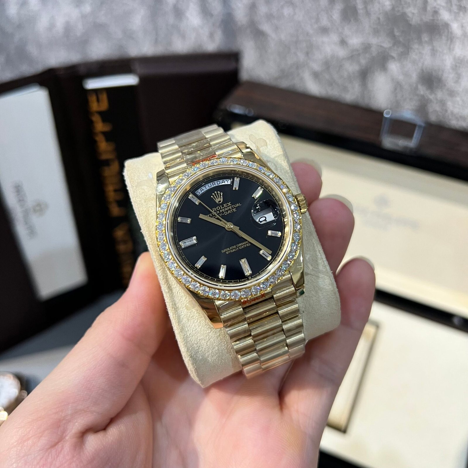 rolex day date 228238 super clone watch black dial refined moissanite diamond 40mm rolex day date 228238 super clone watch black dial refined moissanite diamond 40mm