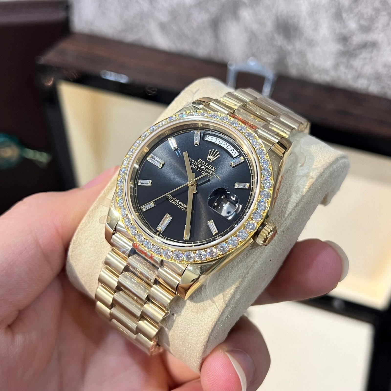 rolex day date 228238 super clone watch black dial refined moissanite diamond 40mm rolex day date 228238 super clone watch black dial refined moissanite diamond 40mm