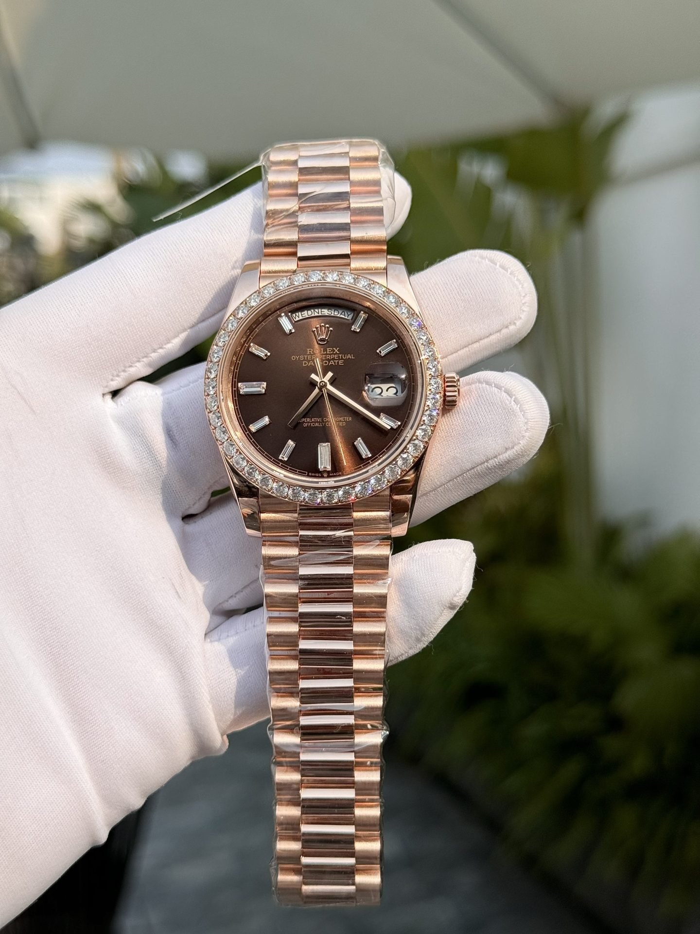 rolex super clone watch day date custom gold wrapped moissanite diamonds dial chocolate gm factory 40mm rolex super clone watch day date custom gold wrapped moissanite diamonds dial chocolate gm factory 40mm