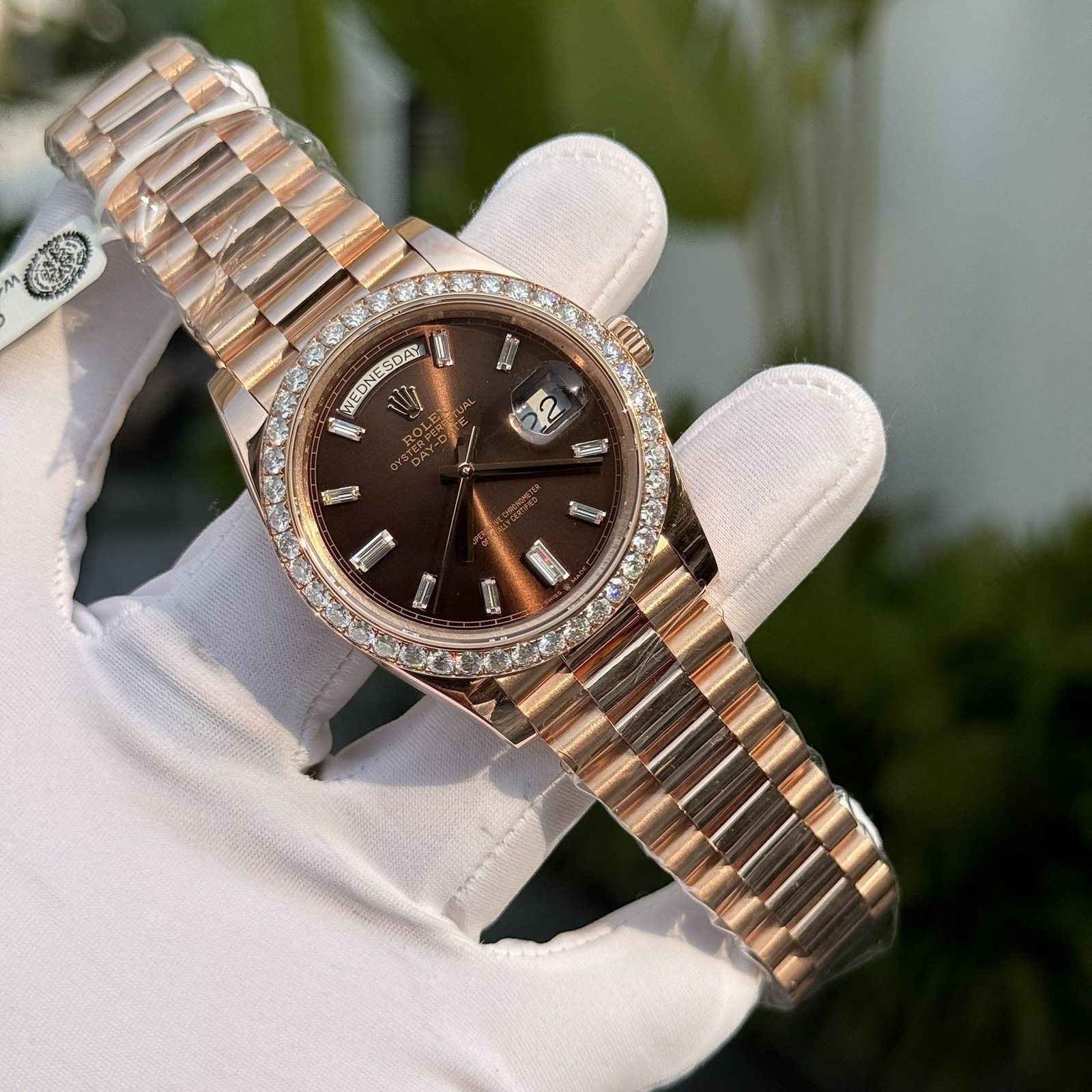 rolex super clone watch day date custom gold wrapped moissanite diamonds dial chocolate gm factory 40mm rolex super clone watch day date custom gold wrapped moissanite diamonds dial chocolate gm factory 40mm